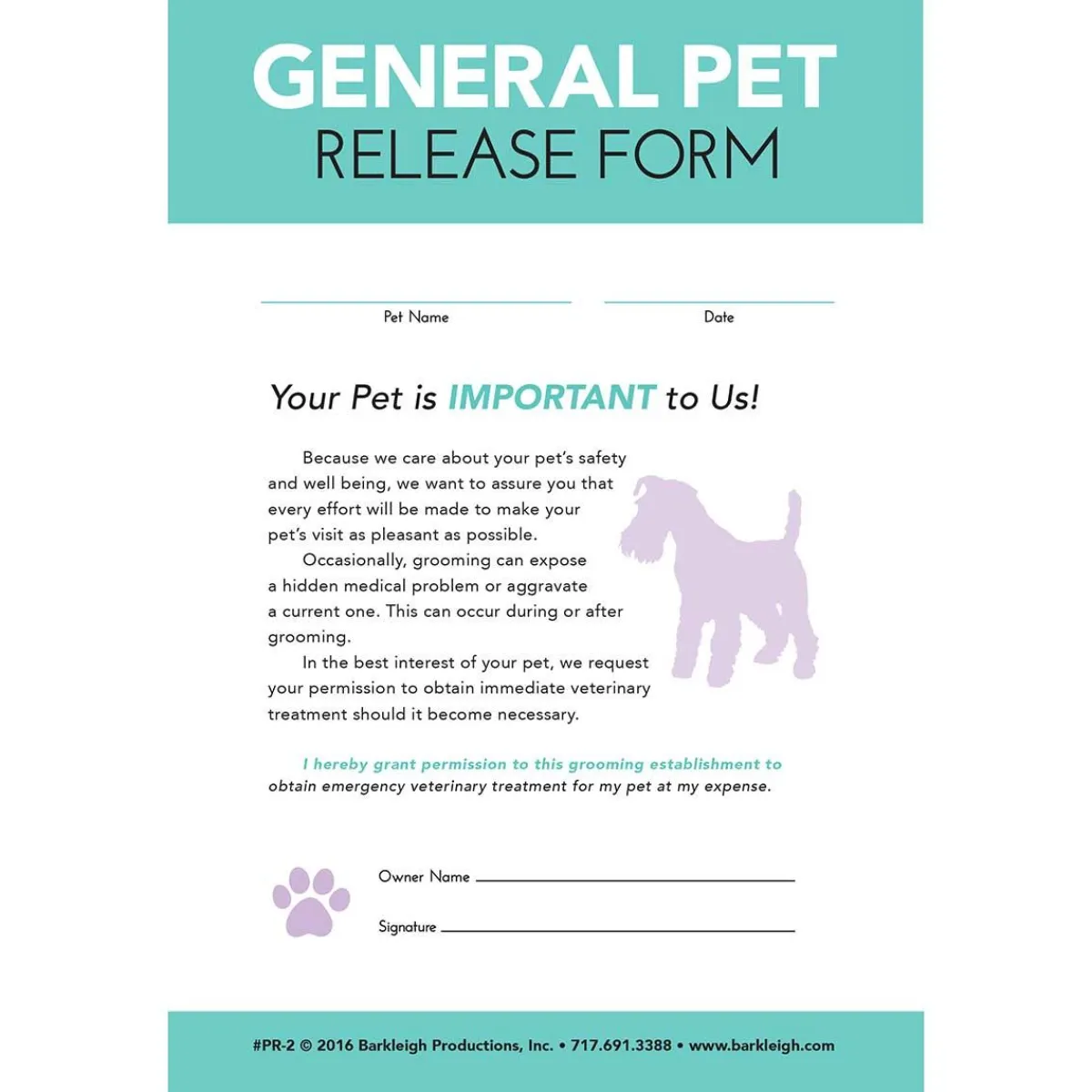 Ryan's Pet Supplies Professional Groomers General Pet Release Form - Pad of 50