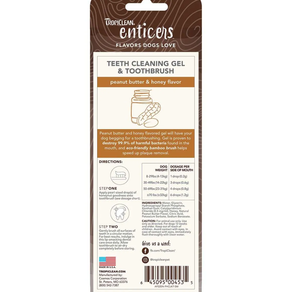 Ryan's Pet Supplies Tropiclean Enticers Teeth Cleaning Gel 2 oz & Toothbrush - Peanut Butter & Honey Flavor
